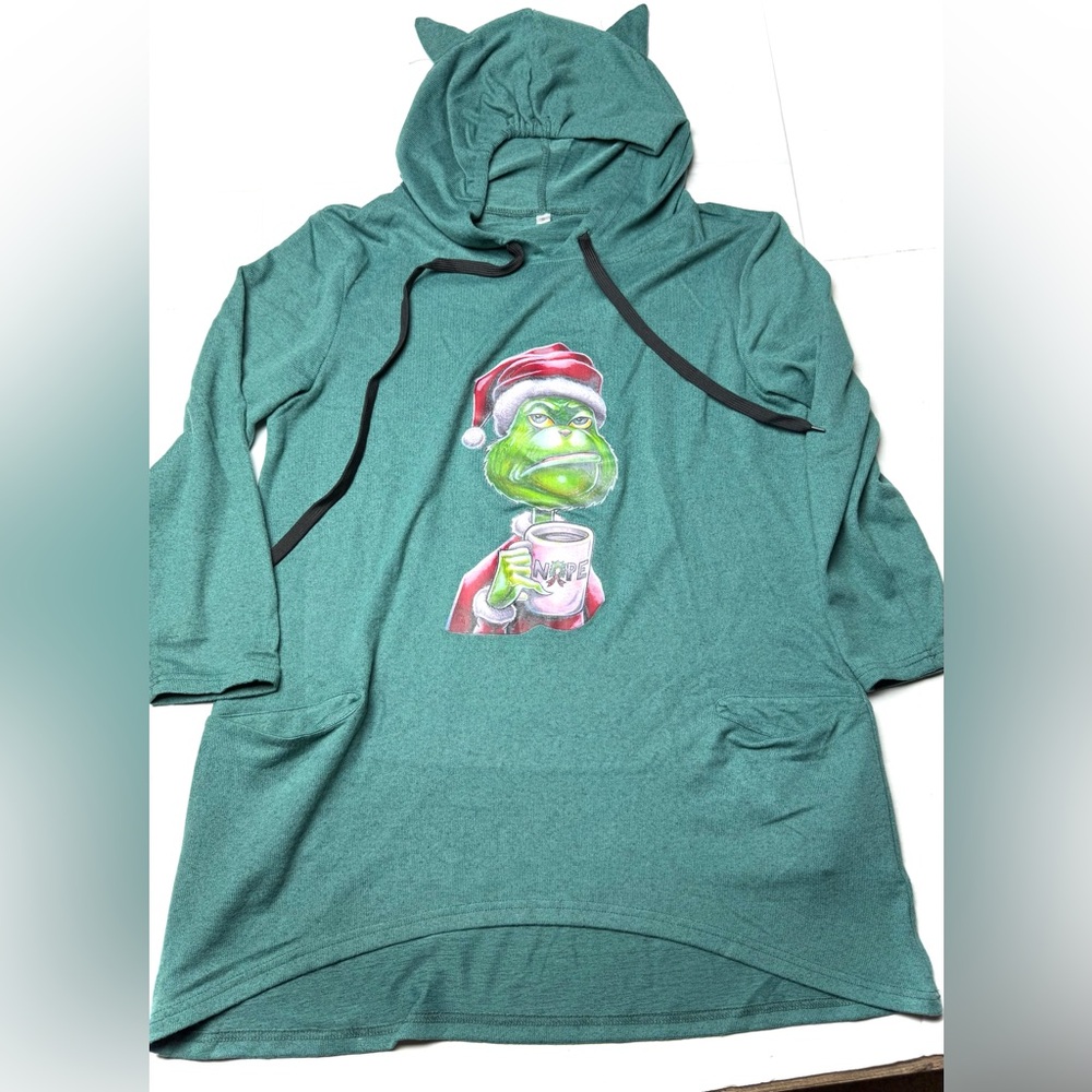 Grinch Sweatshirt Hoodie Womens Small Green Ear Hood Christmas Oversized Sweater